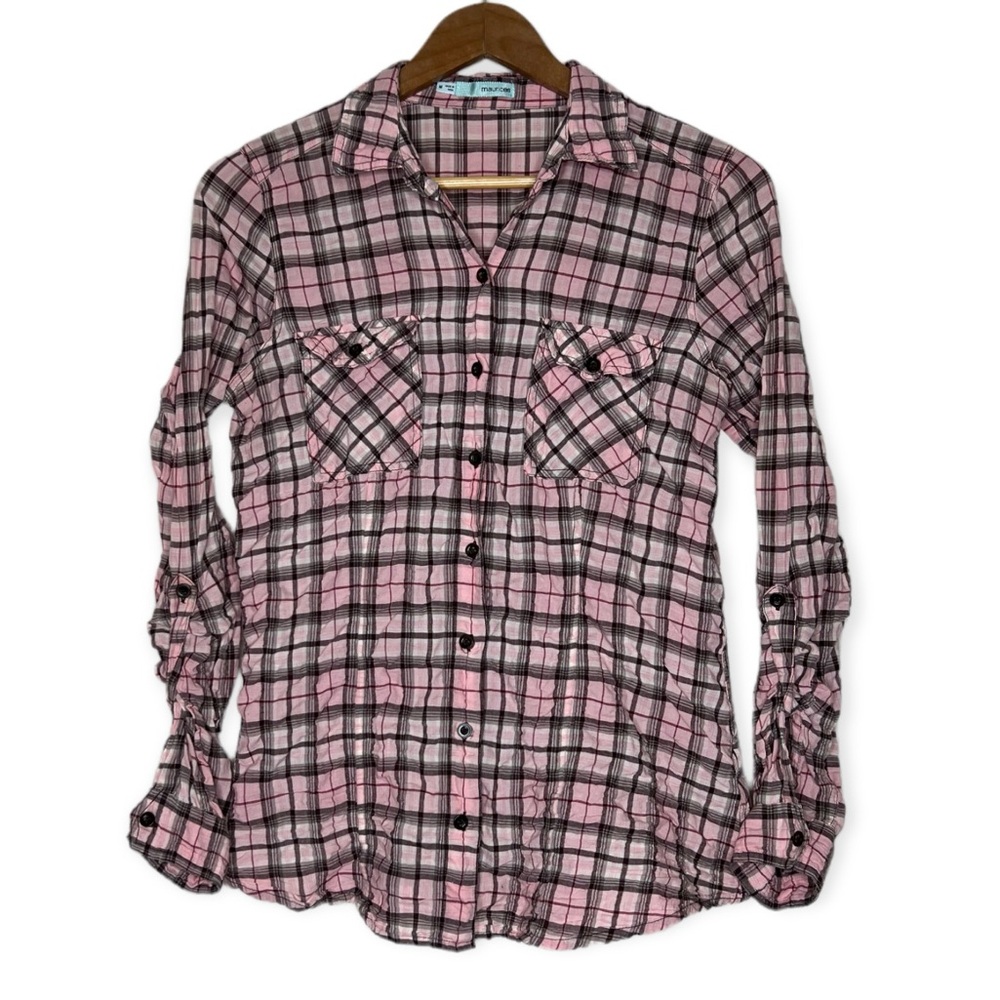 Maurices Wrinkled Plaid Button Down Shirt Pink Size Medium